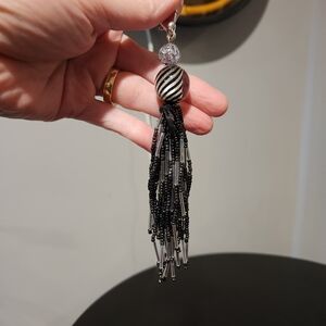 Elegant Black and Silver Beaded Tassel Bag Charm